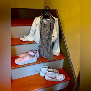 L.A. Hearts Leopard Dress, white cardigan with  puma sneaks or Nike high tops